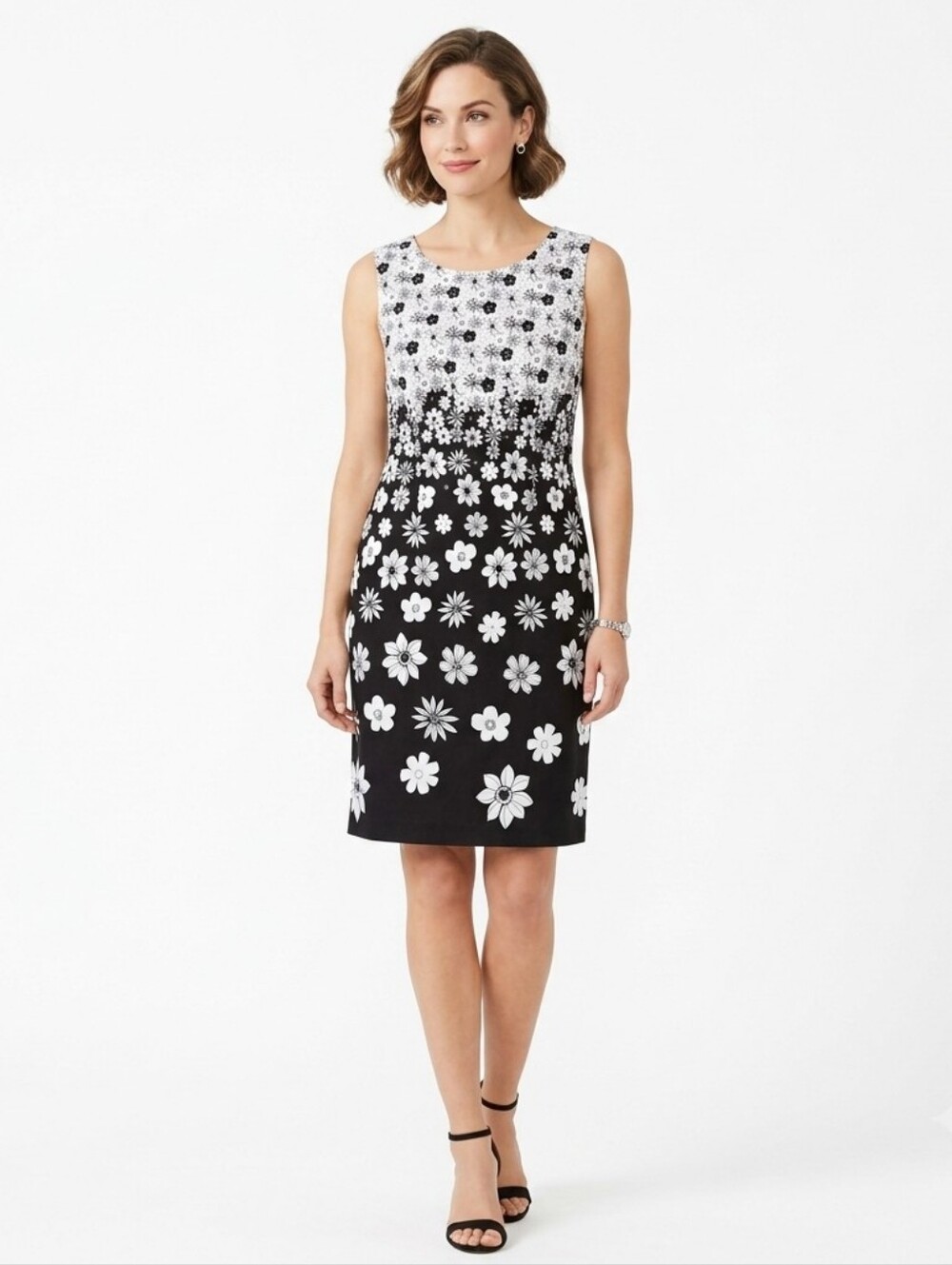 Casual Corner Annex Black White Floral Ombre Shift Dress Size 8 Vintage